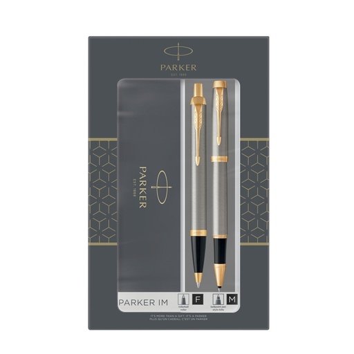 [614435] Balpen en Rollerpen Parker IM brushed metal GT medium 2 stuks