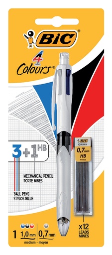 [616424] Balpen Bic 3kleuren met vulpotlood HB 0.7mm medium wit blister à 1 stuk