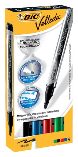 [630595] Whiteboardmarker Bic Velleda liquid rond medium assorti 4 stuks
