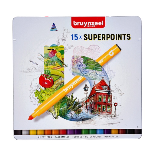 [631418] Viltstift Bruynzeel Super Points blik à 15 kleuren