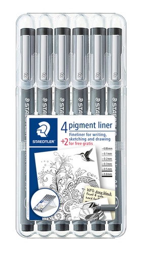 [633220] Fineliner Staedtler Pigment 308 zwart set 4+2 gratis