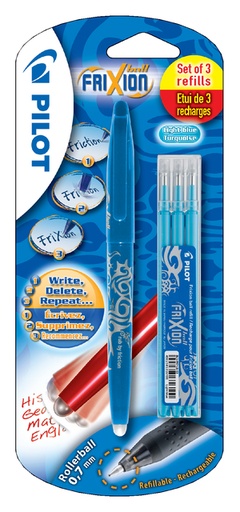 [636127] Rollerpen PILOT friXion medium lichtblauw blister à 1 stuk + 3 vullingen