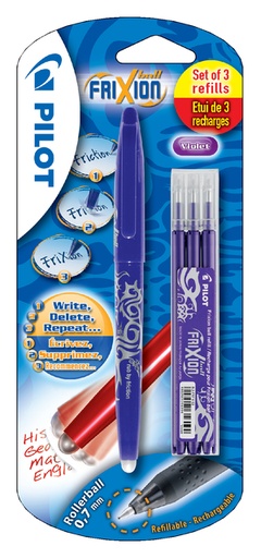 [636128] Rollerpen PILOT friXion medium paars blister à 1 stuk + 3 vullingen
