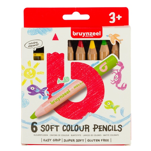 [640058] Kleurpotloden Bruynzeel Kids dik waskrijt blister à 6 stuks assorti