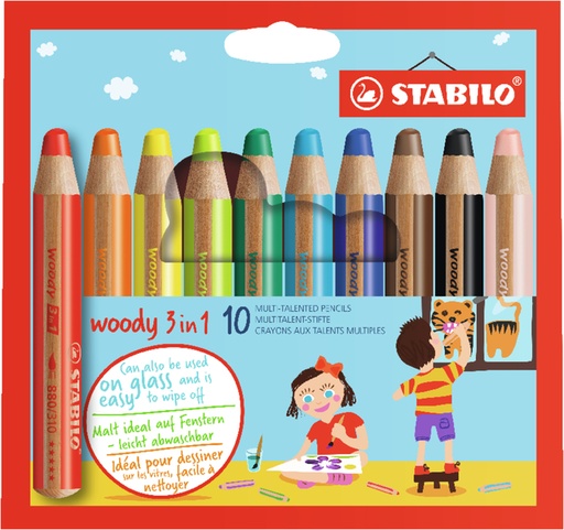 [640440] Kleurpotloden STABILO 880 woody 3 in 1 assorti etui à 10 stuks