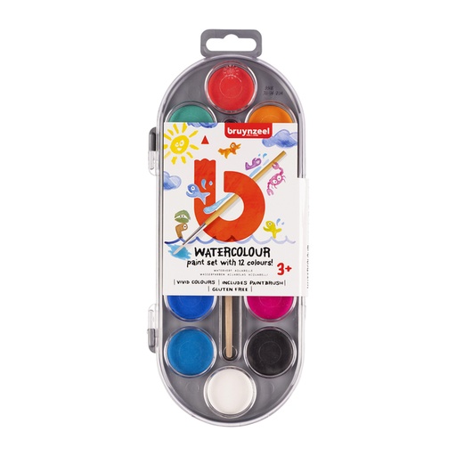[640619] Waterverfset Bruynzeel Kids met penseel set à 12 kleuren