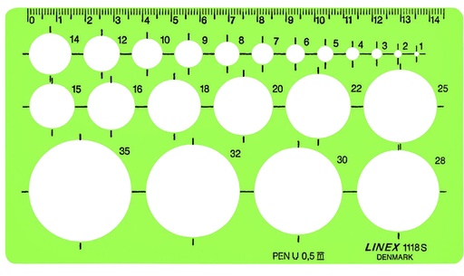 [731102] Cirkelsjabloon Linex 22 cirkels met inktvoetjes 1-35mm groen