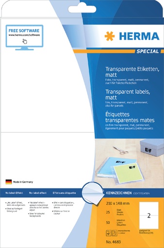 [810983] Etiket HERMA 4683 210X148mm transparant mat 50 etiketten