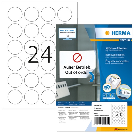 [810987] Etiket HERMA 4476 40mm verwijderbaar wit 2400 etiketten