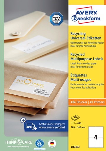 [811015] Etiket Avery Zweckform LR3483 105x148mm A6 recycled wit 400 etiketten