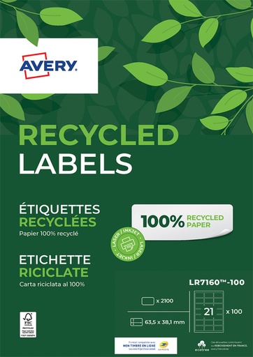 [811018] Etiket Avery LR7160-100 63.5x38.1mm recycled wit 2100 etiketten