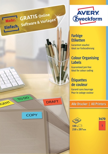 [811043] Etiket Avery Zweckform 3470 210x297mm A4 rood 100stuks