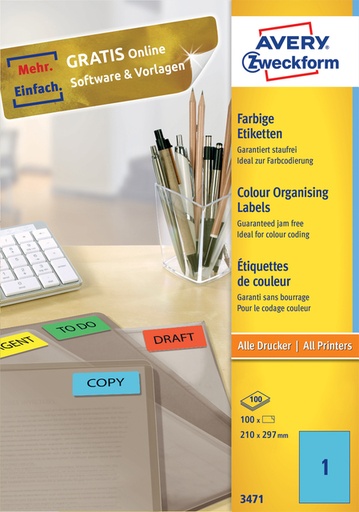 [811044] Etiket Avery Zweckform 3471 210x297mm A4 blauw 100stuks