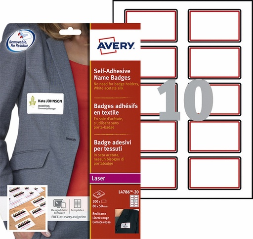 [811130] Naambadge etiket Avery L4786-20 80x50mm rood kader 200 etiketten