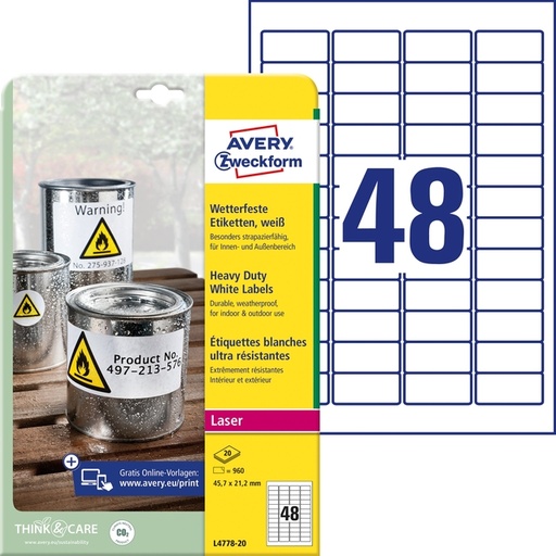 [811138] Etiket Avery L4778-20 45.7x21.2mm polyester wit 960 etiketten