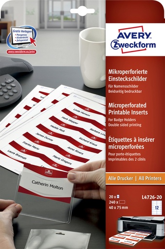 [811172] Badgekaart Avery L4726-20 40x75mm microperforatie 20 vel