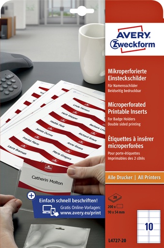 [811173] Badgekaart Avery L4727-20 54x90mm microperforatie 20 vel