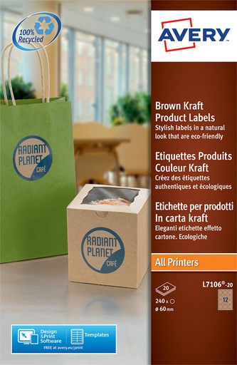 [811180] Etiket Avery L7106-20 60mm bruin 240 stuks
