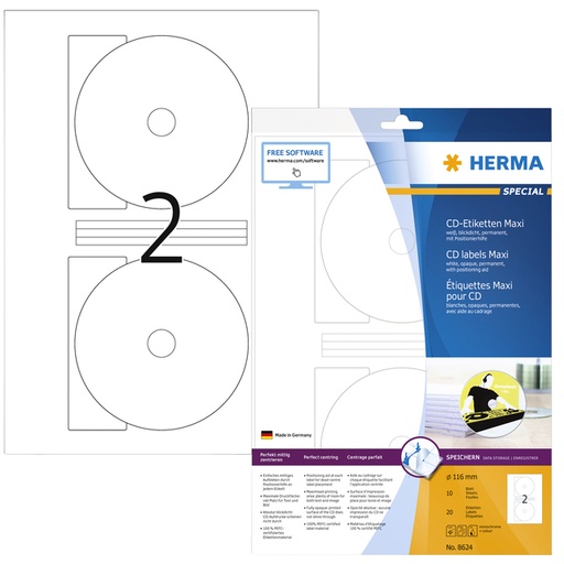 [816668] Etiket HERMA 8624 CD 116mm wit opaqua 20stuks
