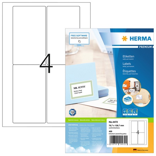 [816816] Etiket HERMA 4472 78.7x139.7mm premium wit 400stuks
