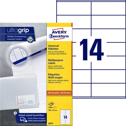 [816980] Etiket Avery Zweckform 3477 105x41mm wit 1400stuks