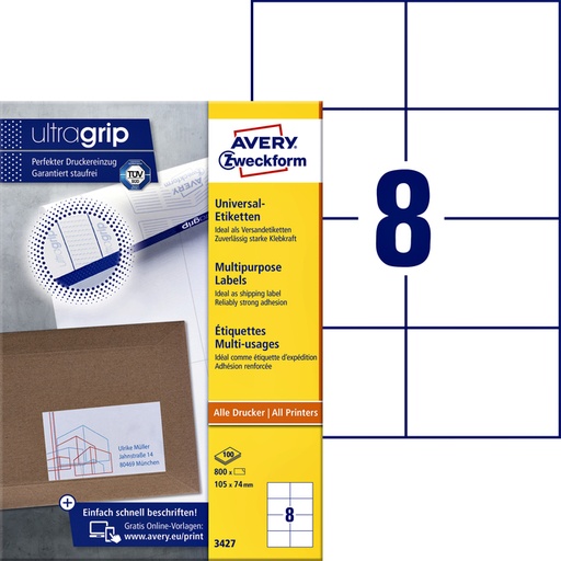 [816981] Etiket Avery Zweckform 3427 105x74mm wit 800stuks