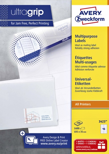 [816985] Etiket Avery Zweckform 3423 105x35mm wit 1600stuks