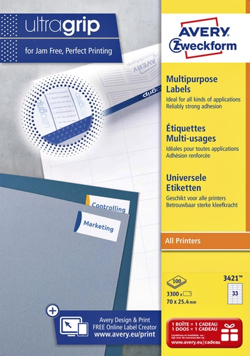 [816987] Etiket Avery Zweckform 3421 70x25.4mm wit 3300stuks