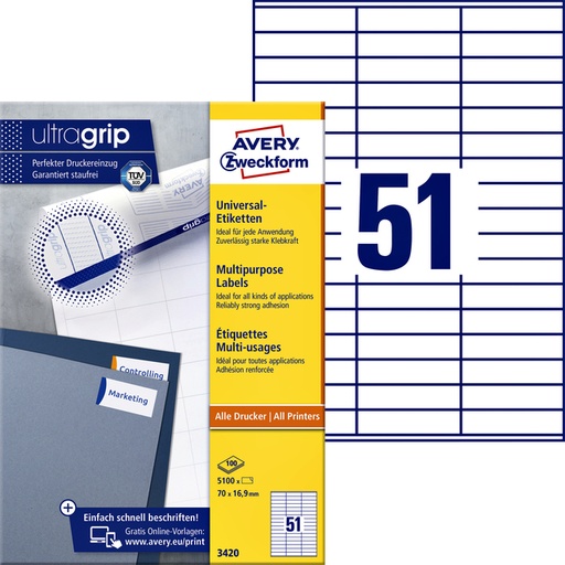 [816988] Etiket Avery Zweckform 3420 70x16.9mm wit 5100stuks