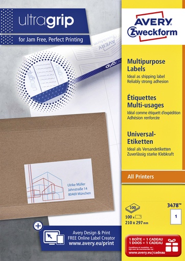 [816989] Etiket Avery Zweckform 3478 210x297mm A4 wit 100stuks