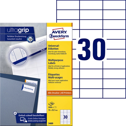 [816990] Etiket Avery Zweckform 3489 70x29.7mm wit 3000stuks