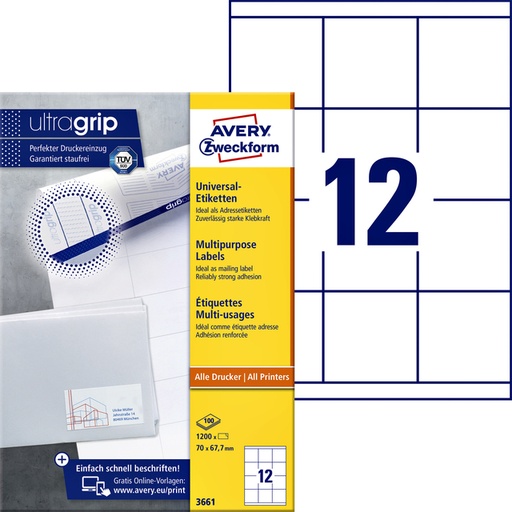 [816997] Etiket Avery Zweckform 3661 70x67.7mm wit 1200stuks