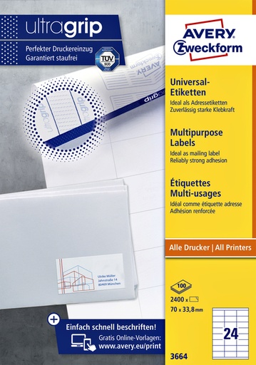 [816998] Etiket Avery Zweckform 3664 70x33.8mm wit 2400stuks