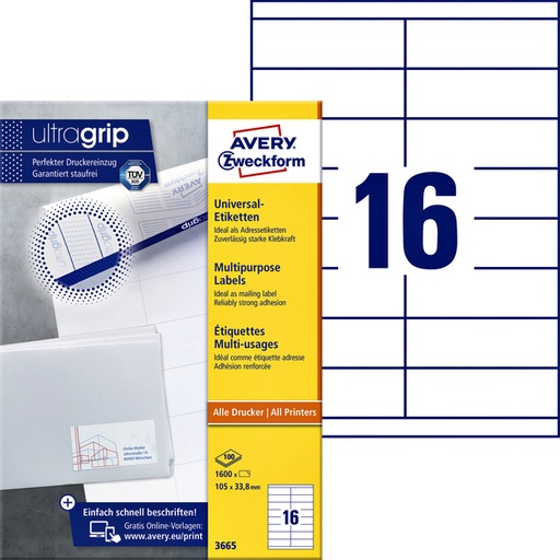 [816999] Etiket Avery Zweckform 3665 105x33.8mm wit 1600stuks