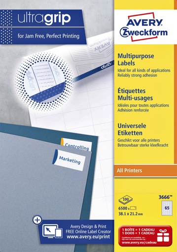 [817001] Etiket Avery Zweckform 3666 38x21.2mm wit 6500stuks