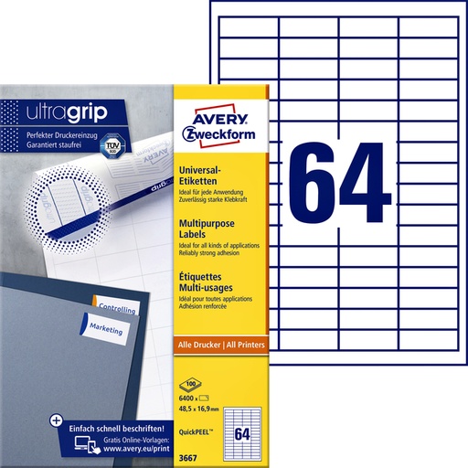 [817002] Etiket Avery Zweckform 3667 48.5x16.9mm wit 6400stuks
