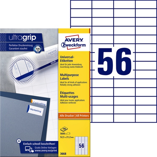 [817003] Etiket Avery Zweckform 3668 52.5x21.2mm wit 5600stuks