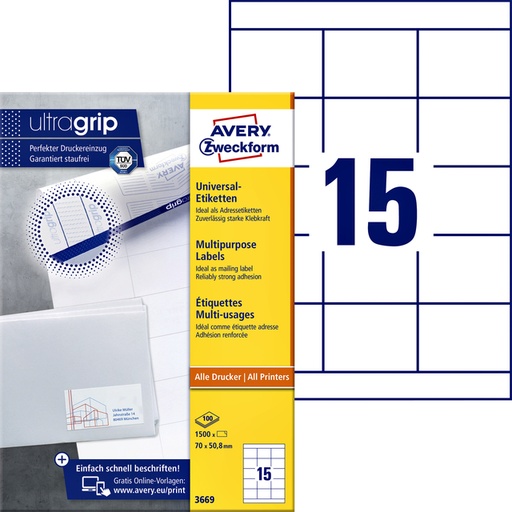 [817004] Etiket Avery Zweckform 3669 70x50.8mm wit 1500stuks