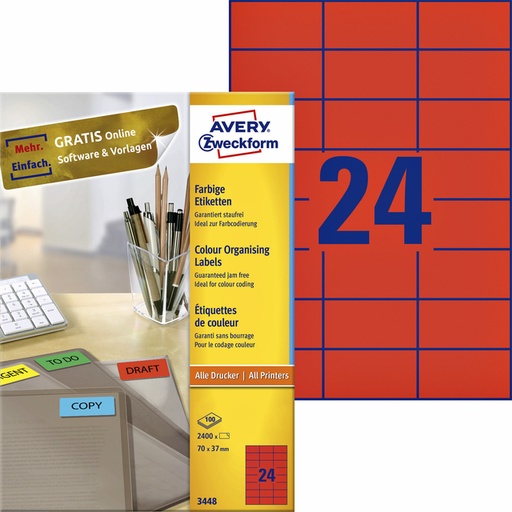 [817012] Etiket Avery Zweckform 3448 70x37mm rood 2400stuks