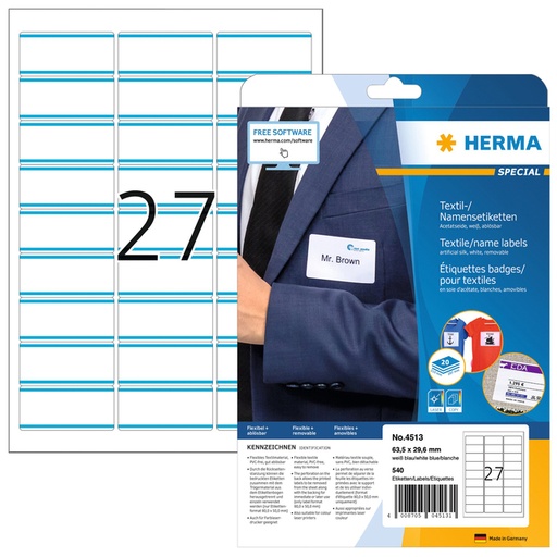 [817021] Naambadge etiket HERMA 4513 63.5x29.6mm wit/blauw 540 stuks