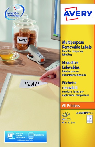 [817023] Etiket Avery L4743REV-25 99.1x42.3mm afneembaar wit 300stuks
