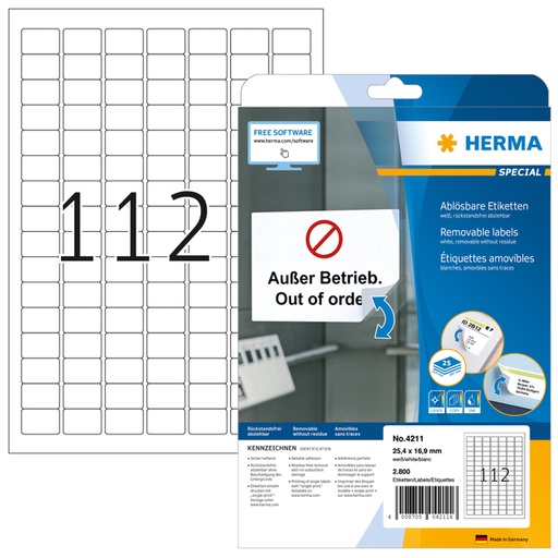 [817061] Etiket HERMA 4211 25.4x16.9mm verwijderbaar wit 2800 etiketten