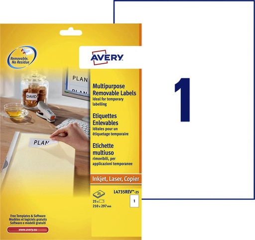 [817070] Etiket Avery L4735REV-25 210x297mm A4 afneembaar wit 25stuks