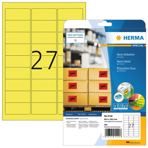 [817082] Etiket HERMA 5140 63.5x29.6mm neon geel 540 etiketten