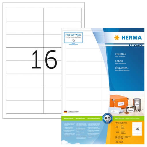 [817165] Etiket HERMA 4619 97x33.8mm premium wit 3200stuks