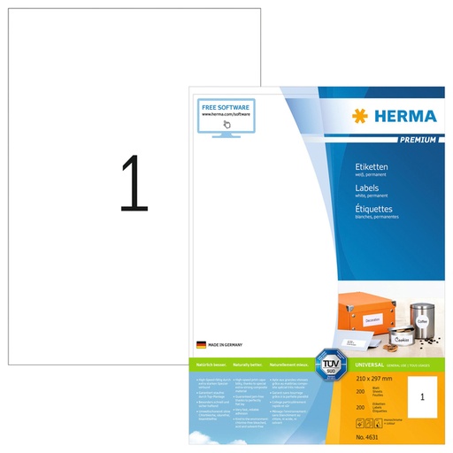 [817168] Etiket HERMA 4631 210x297mm A4 premium wit 200stuks