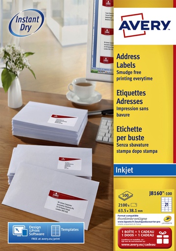 [817218] Etiket Avery J8160-100 63.5x38.1mm wit 2100 etiketten