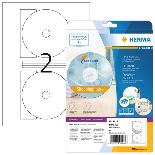 [817230] Etiket HERMA 5115 CD 116mm wit 50 stuks