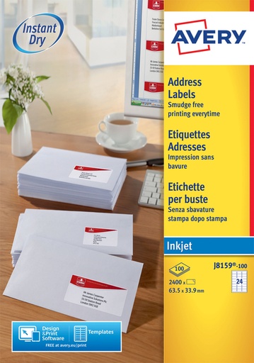 [817232] Etiket Avery J8159-100 63.5x33.9mm wit 2400 stuks
