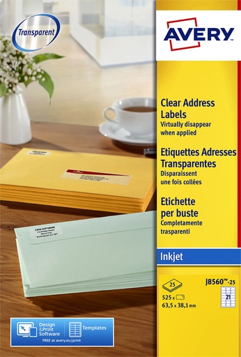 [817246] Etiket Avery J8560-25 63.5x38.1mm transparant 525stuks